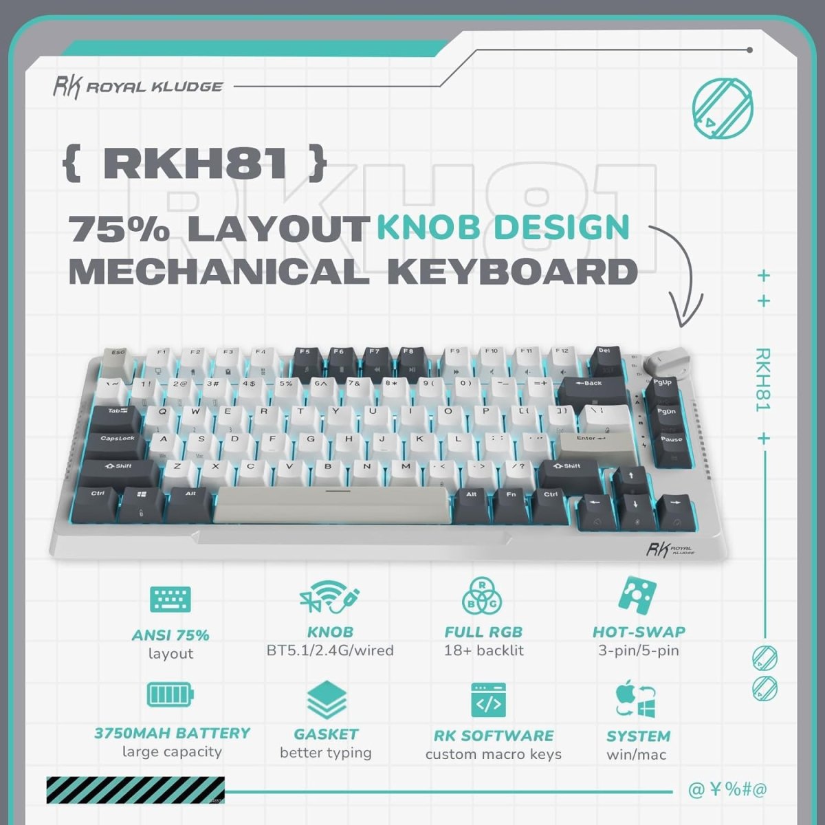 Wireless Gaming Mechanical Keyboard Knob Control Triple Mode Gasket Mount RGB Backlit - Keys Caps