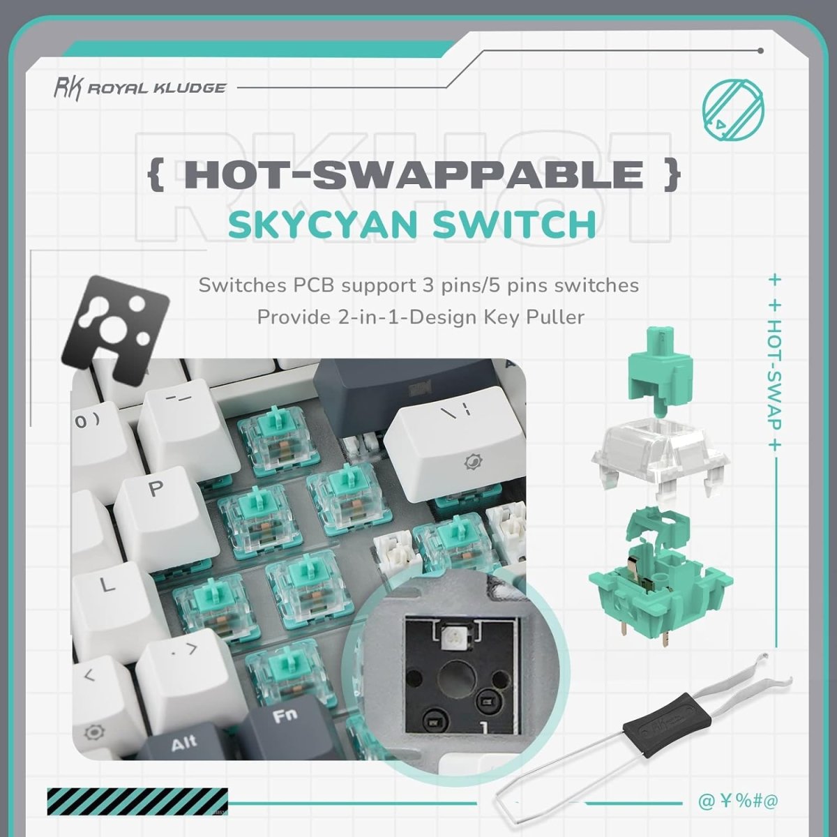 Wireless Gaming Mechanical Keyboard Knob Control Triple Mode Gasket Mount RGB Backlit - Keys Caps