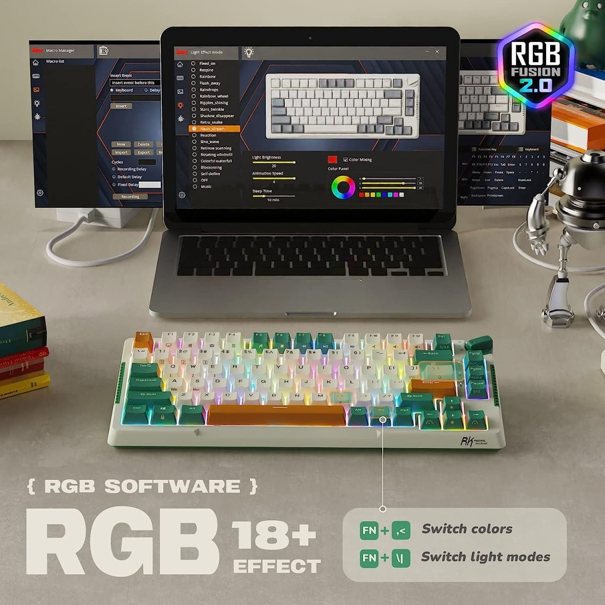 Wireless Gaming Mechanical Keyboard Knob Control Triple Mode Gasket Mount RGB Backlit - Keys Caps