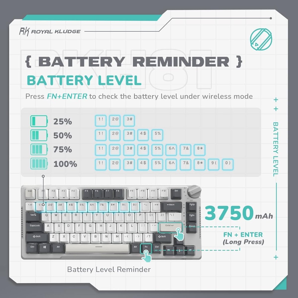 Wireless Gaming Mechanical Keyboard Knob Control Triple Mode Gasket Mount RGB Backlit - Keys Caps