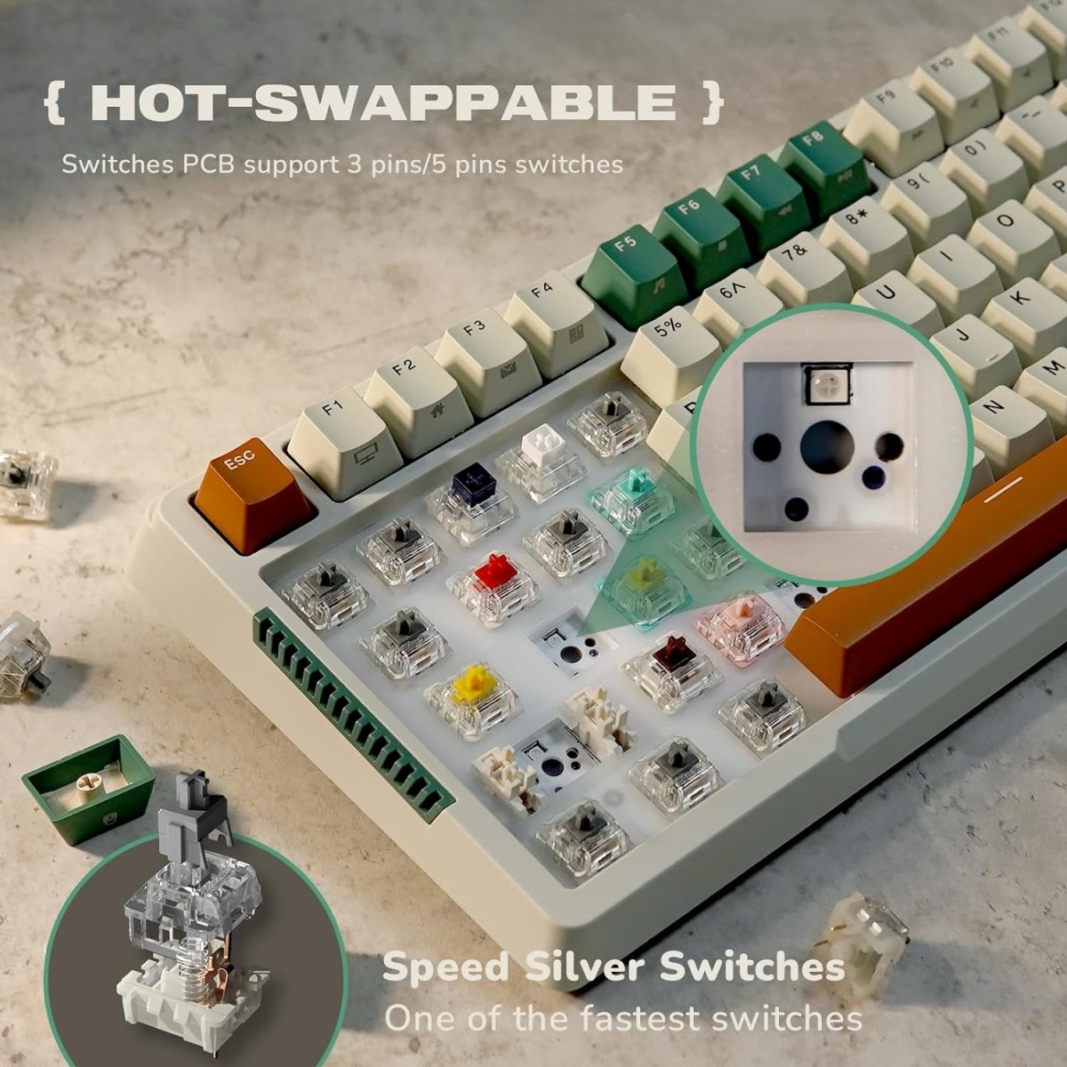 Wireless Gaming Mechanical Keyboard Knob Control Triple Mode Gasket Mount RGB Backlit - Keys Caps