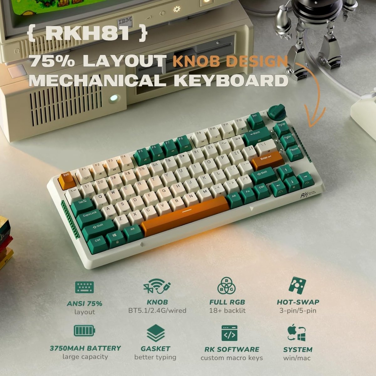 Wireless Gaming Mechanical Keyboard Knob Control Triple Mode Gasket Mount RGB Backlit - Keys Caps