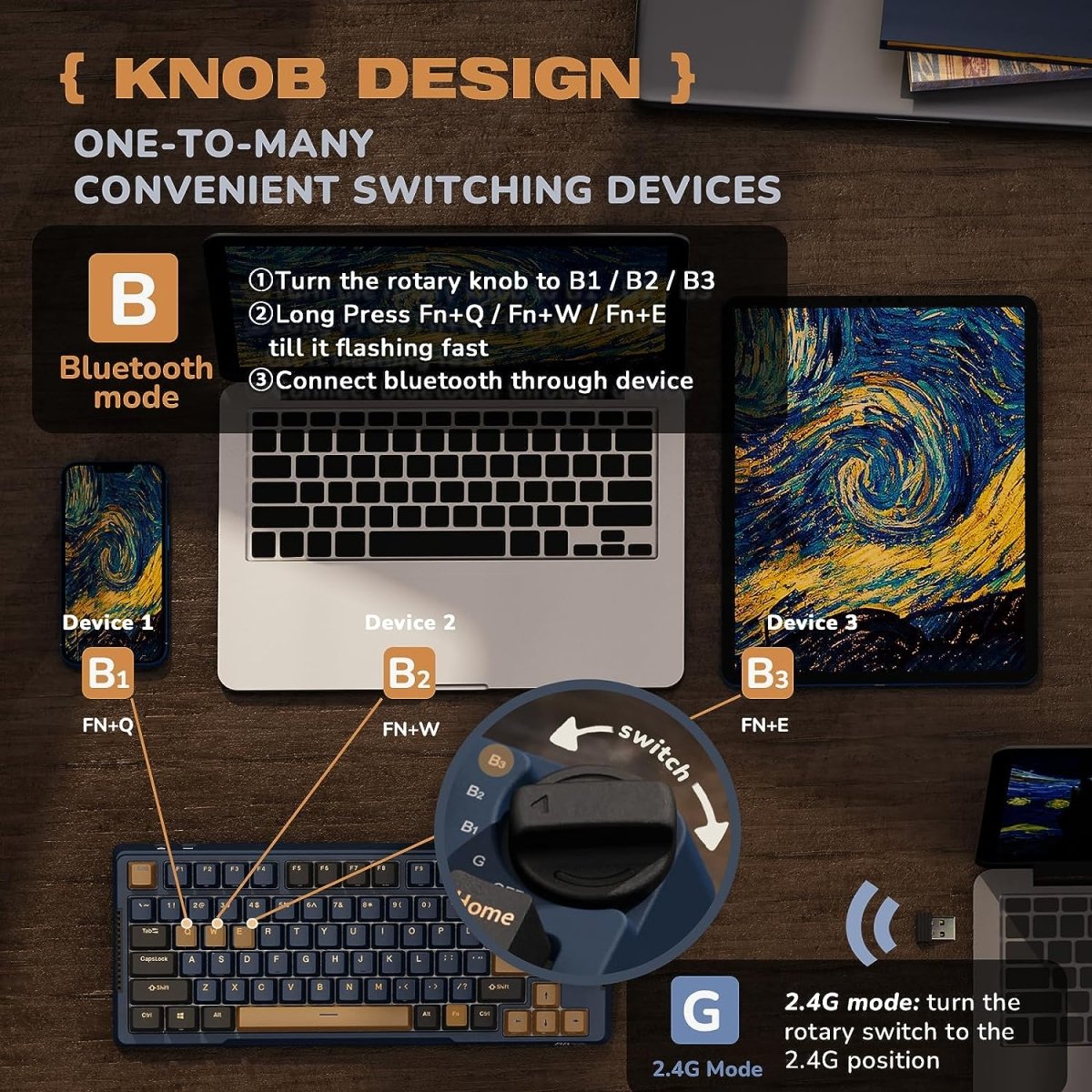 Wireless Gaming Mechanical Keyboard Knob Control Triple Mode Gasket Mount RGB Backlit - Keys Caps