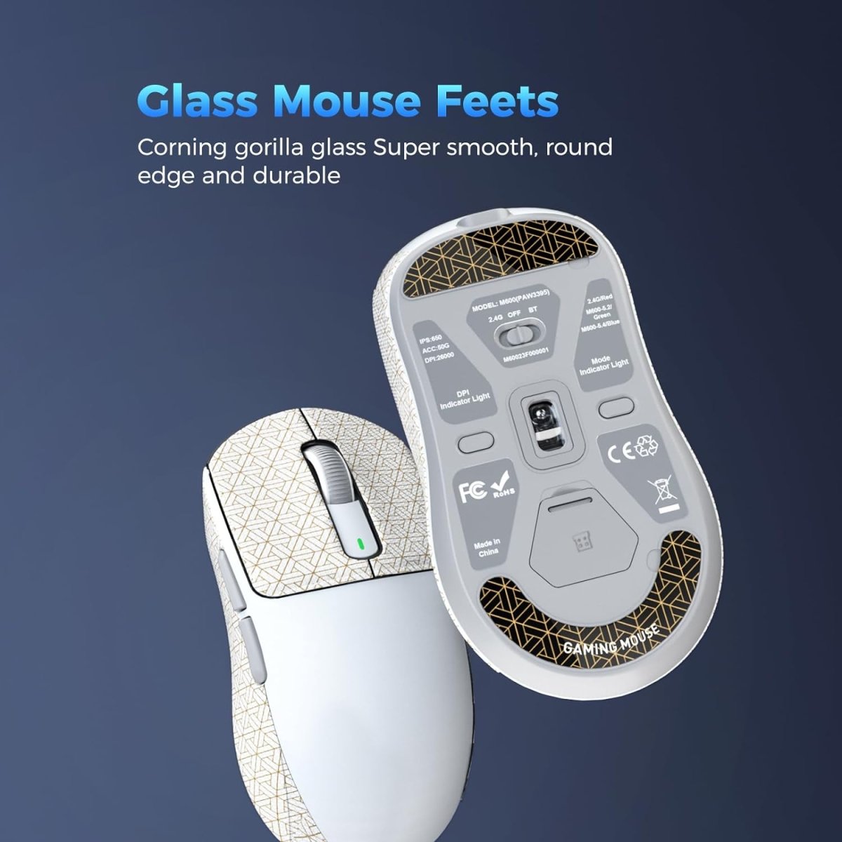 Wireless Gaming Mouse Ultralight Optical Esports 55g, White - Keys Caps