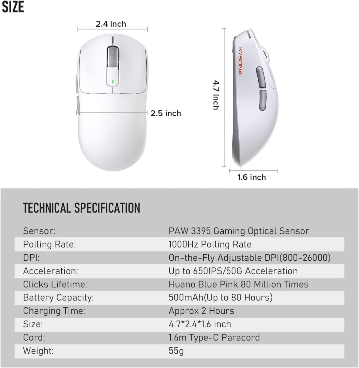 Wireless Gaming Mouse Ultralight Optical Esports 55g, White - Keys Caps