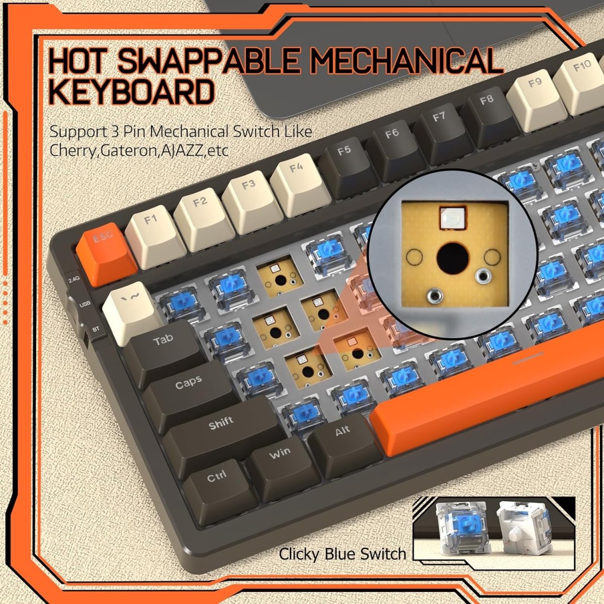 Wireless Mechancial Gaming Keyboard Hot - Swapped with Rainbow Backlit - Keys Caps