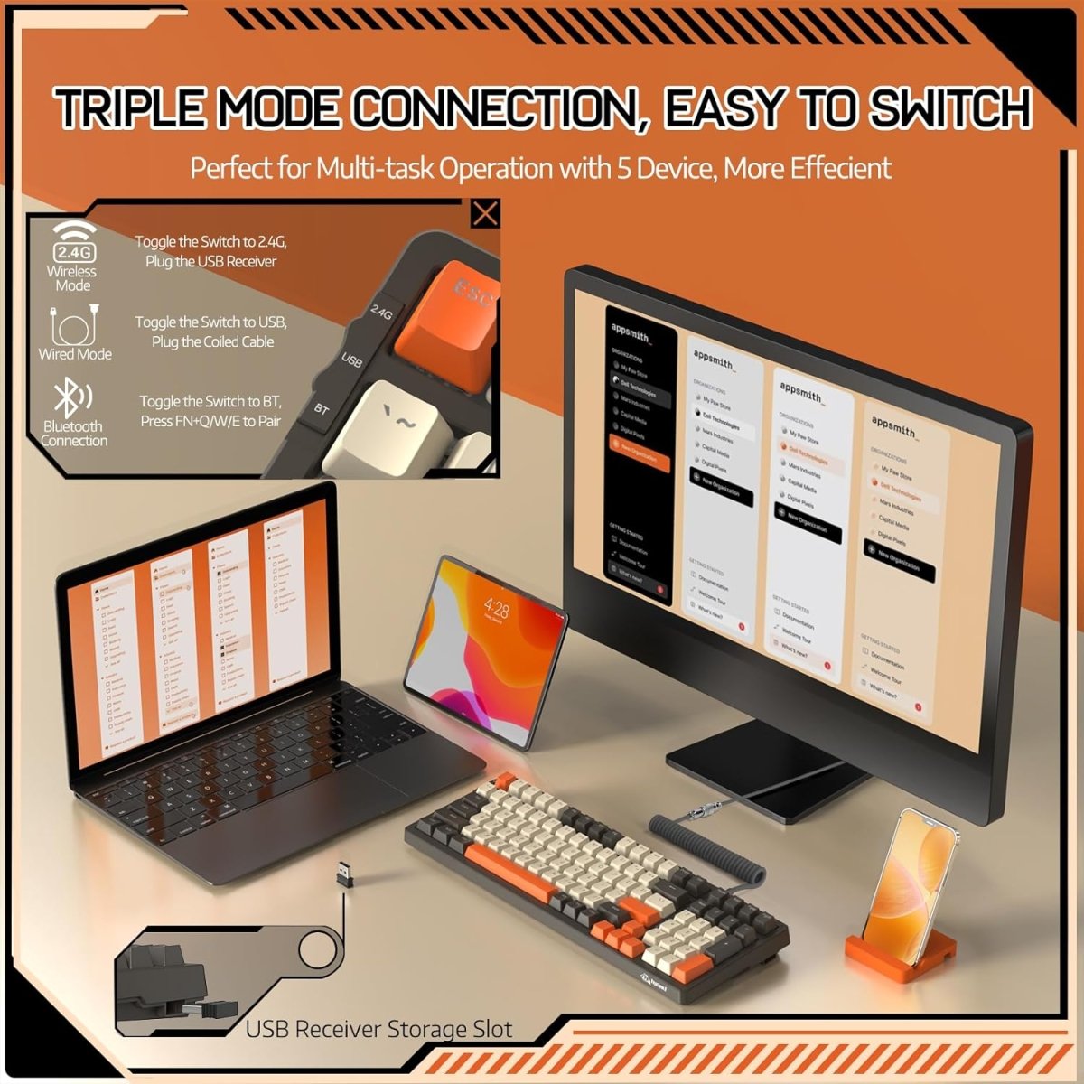 Wireless Mechancial Gaming Keyboard Hot - Swapped with Rainbow Backlit - Keys Caps