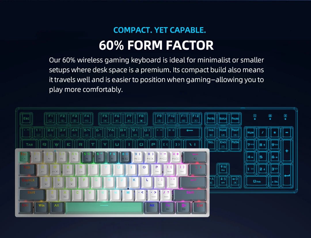 Wireless Mechanical Keyboard 60% Hot - swappable Tri - mode RGB Wireless - Keys Caps