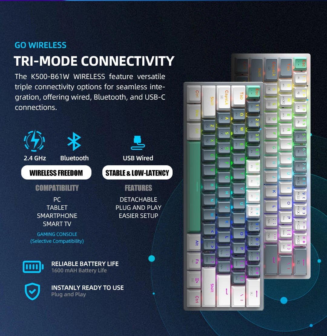 Wireless Mechanical Keyboard 60% Hot - swappable Tri - mode RGB Wireless - Keys Caps