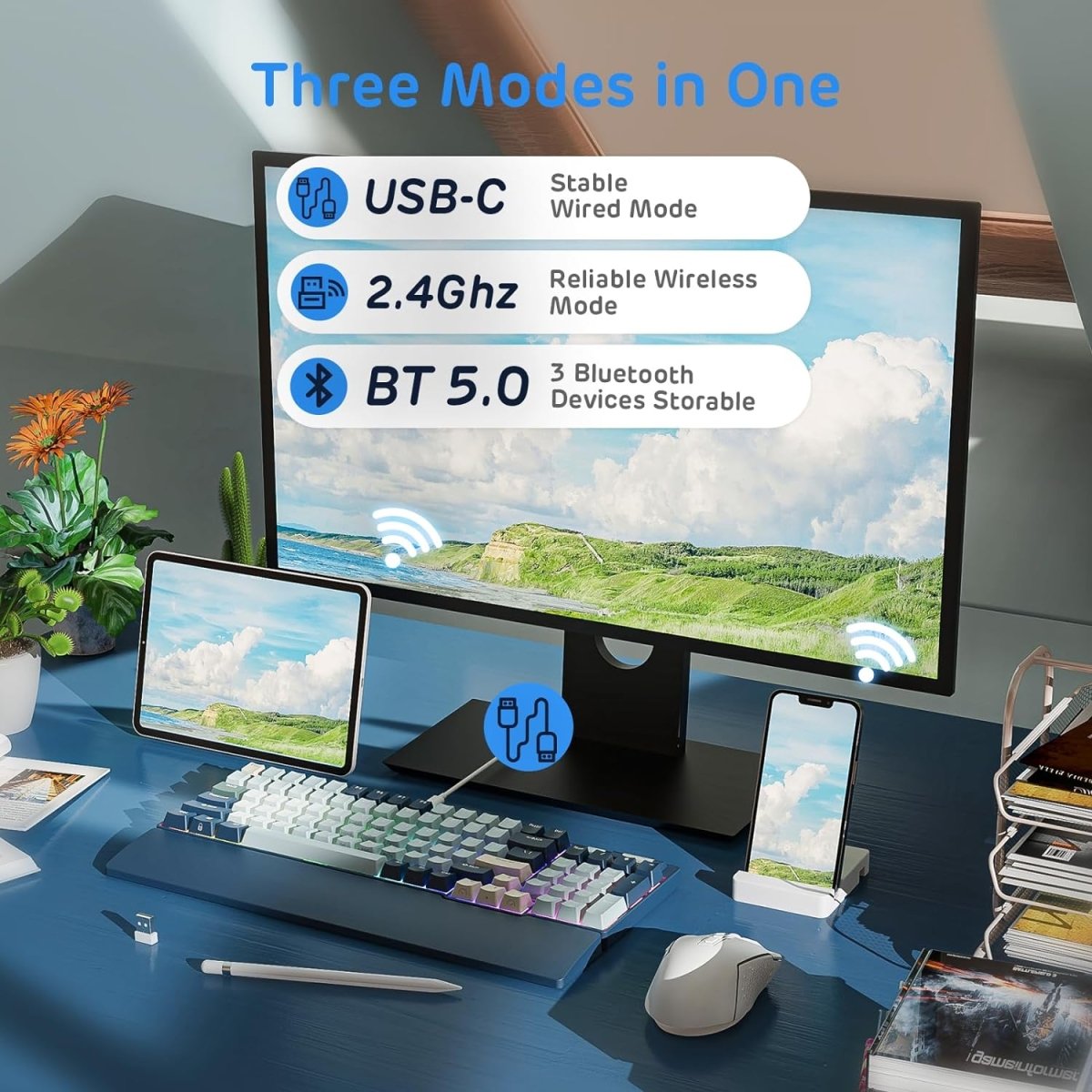 Wireless Triple Mode Hot Swappable Mechanical Gaming Keyboard w/Wrist Rest - Keys Caps