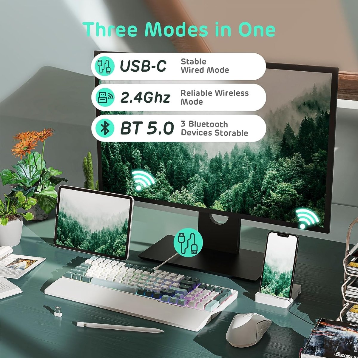 Wireless Triple Mode Hot Swappable Mechanical Gaming Keyboard w/Wrist Rest - Keys Caps