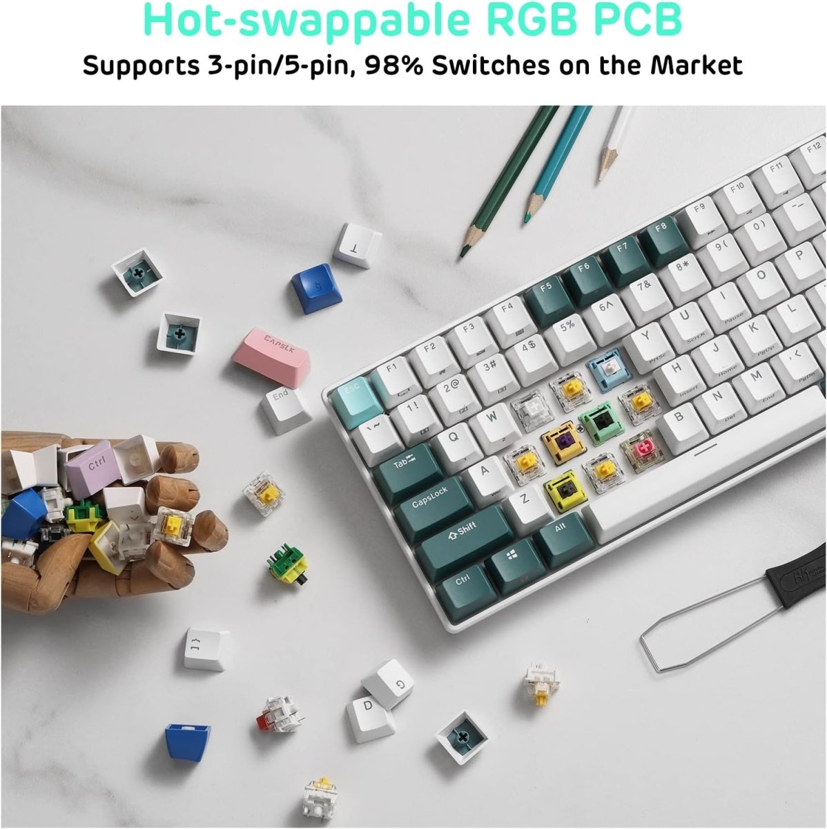 Wireless Triple Mode Hot Swappable Mechanical Gaming Keyboard w/Wrist Rest - Keys Caps