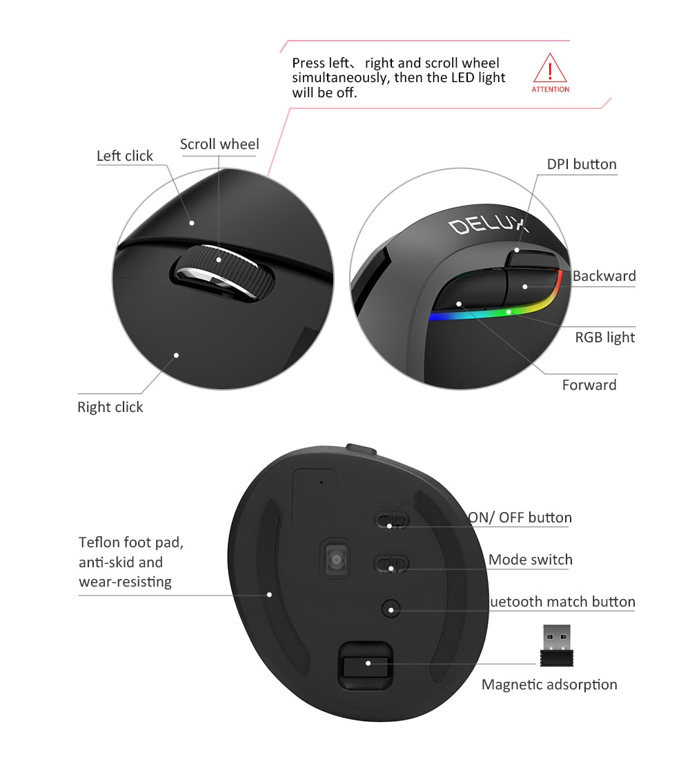 Vertical Mouse For Computer Mini Bluetooth 4.0 + 2.4GHz Dual mode Wireless Mouse Ergonomic Rechargeable Silent click - KeysCaps