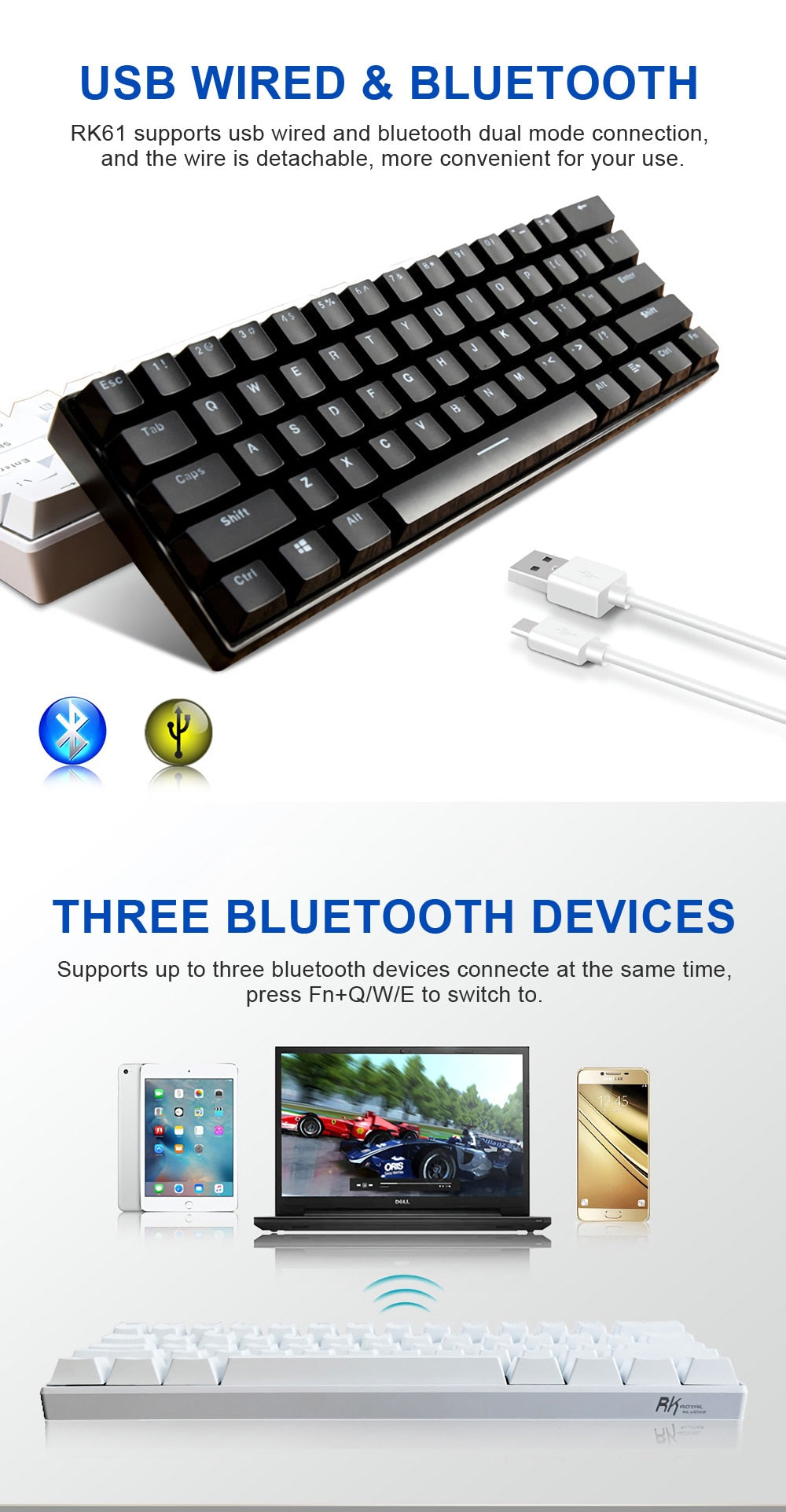 Ergonomic Bluetooth Wired Dual Mode RGB Light Mechanical Gaming Keyboard - KeysCaps