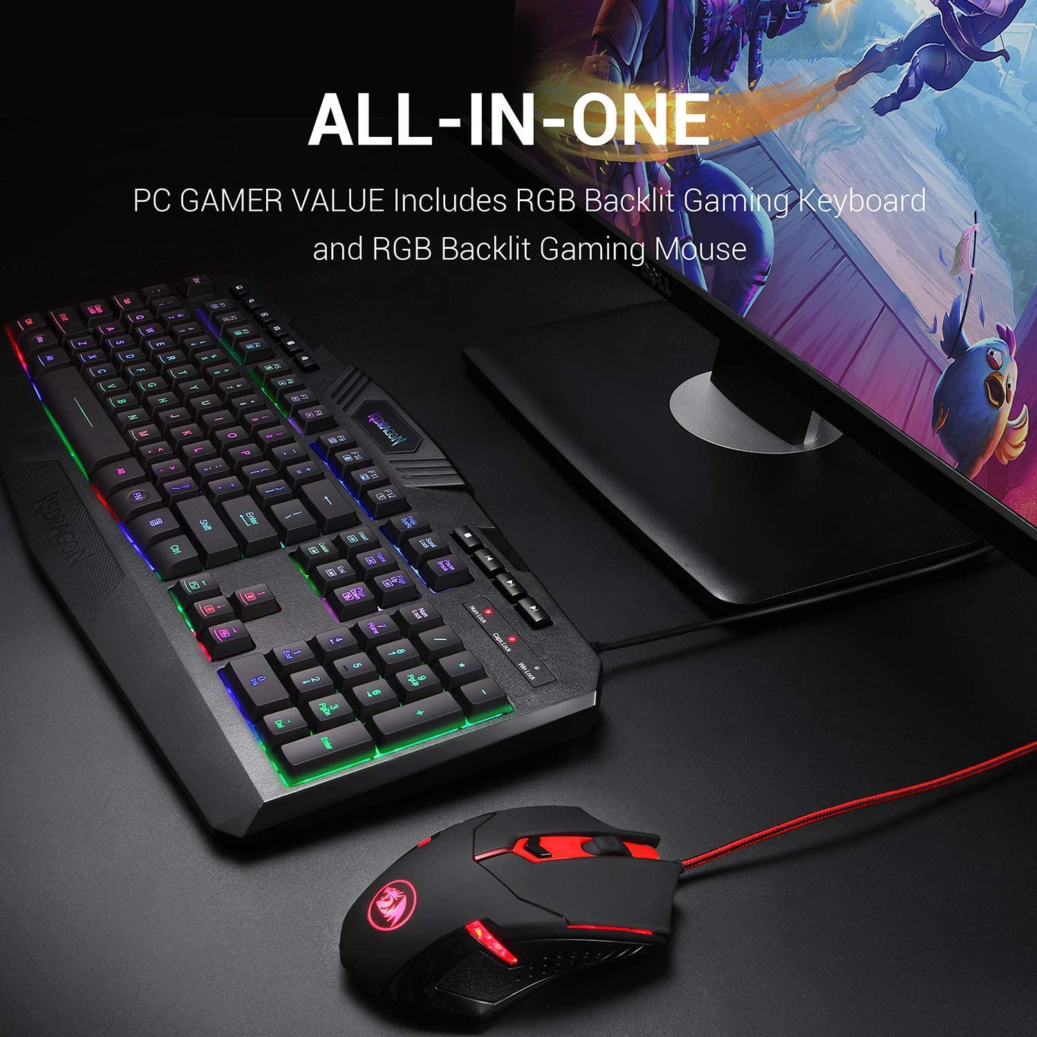 Wired Gaming Keyboard/Mouse Combo RGB Backlit Multimedia Keys Wrist Rest and Red Backlit Gaming Mouse 3200 DPI - KeysCaps