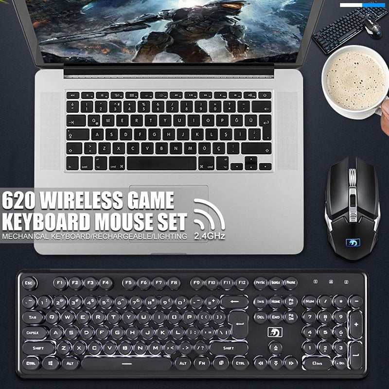 Recharging Wireless Gaming Mechanical Keyboard with Wireless Mouse - Keys Caps