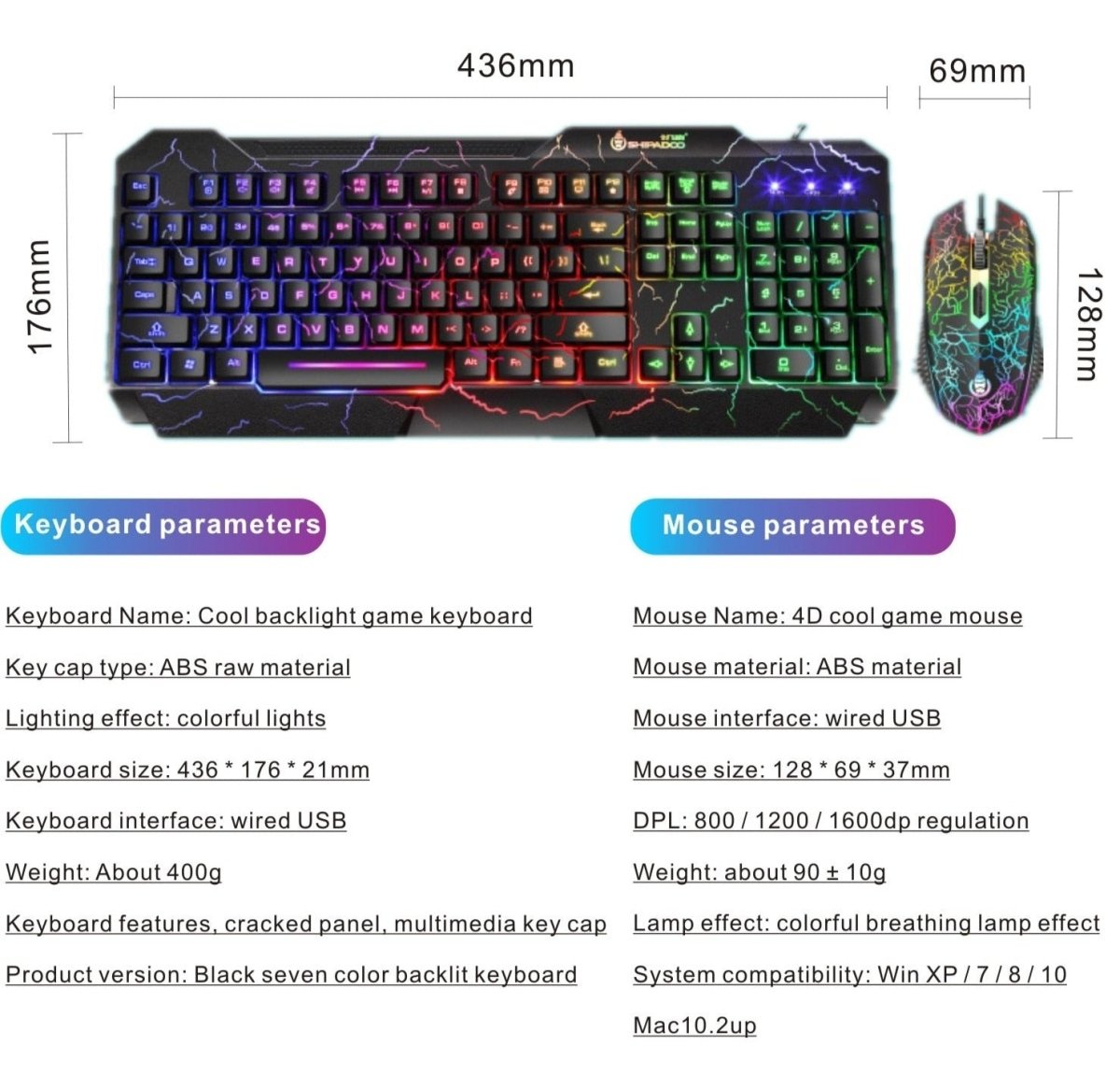 RGB Backlit Gaming Keyboard Mouse Set - Keys Caps