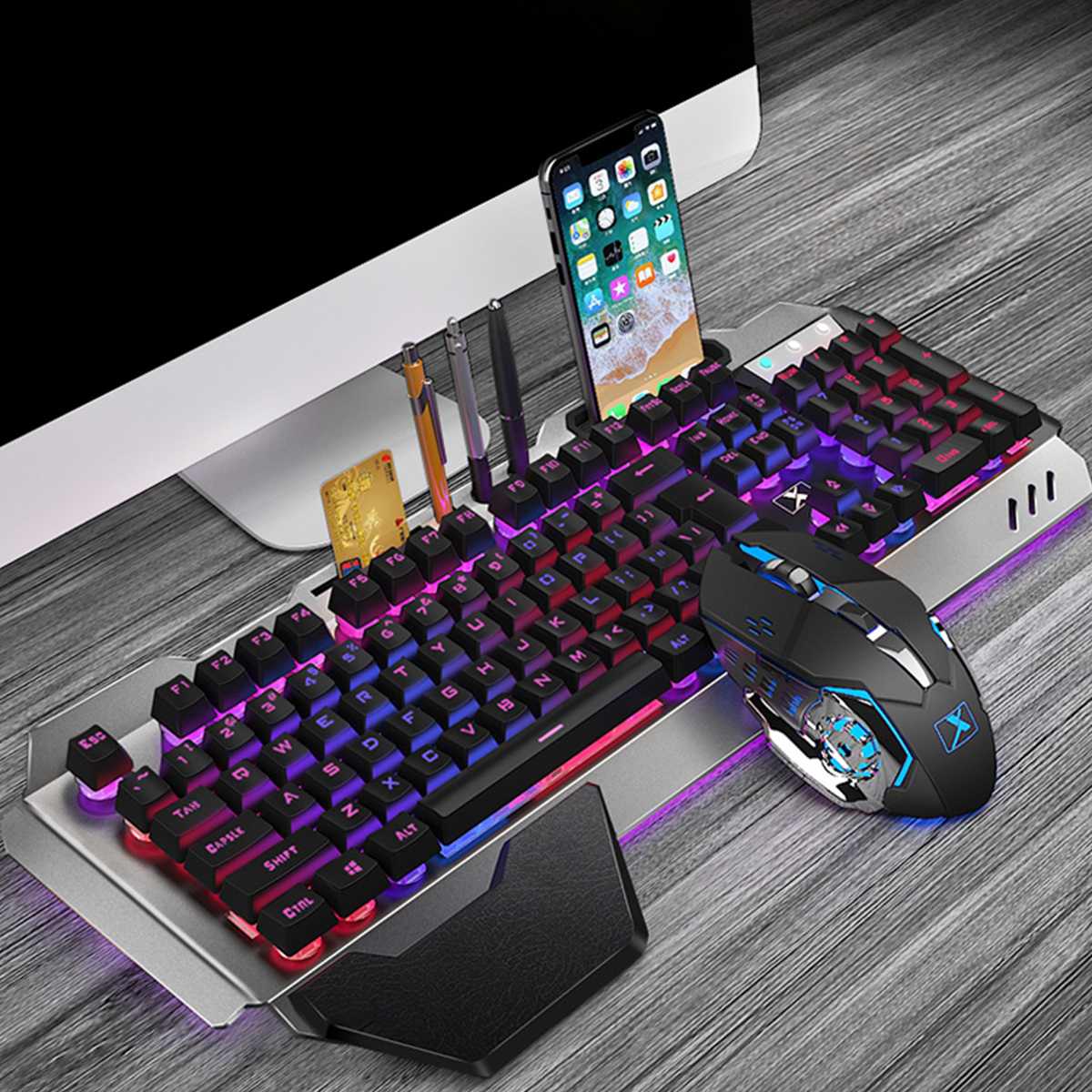 Wireless Gaming Keyboard Mouse and Large RGB Mouse Pad - Keys Caps