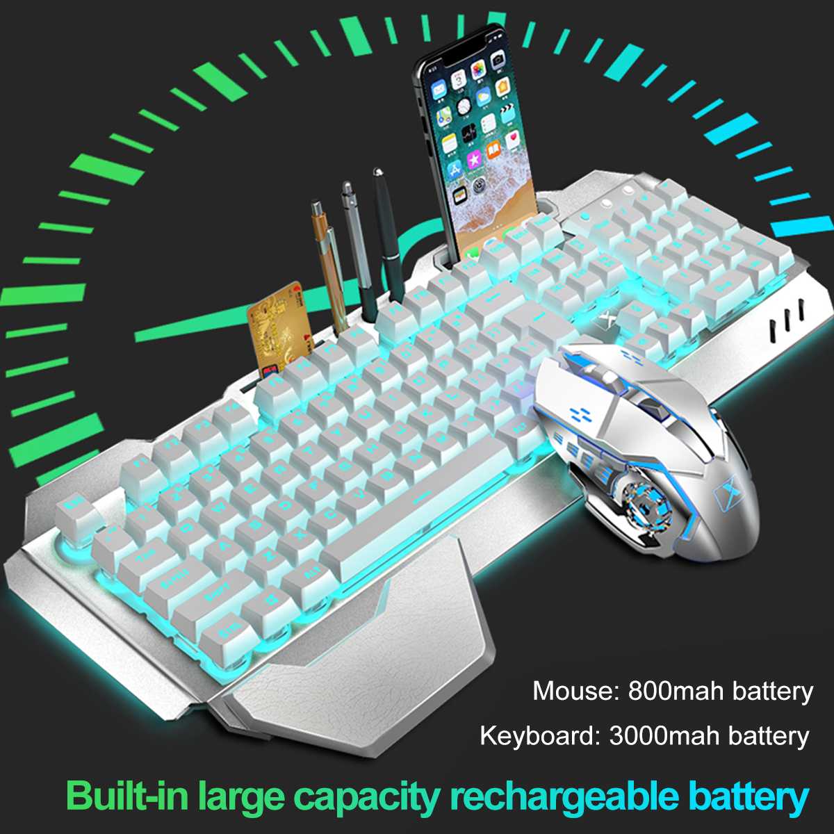 Wireless Gaming Keyboard Mouse and Large RGB Mouse Pad - Keys Caps