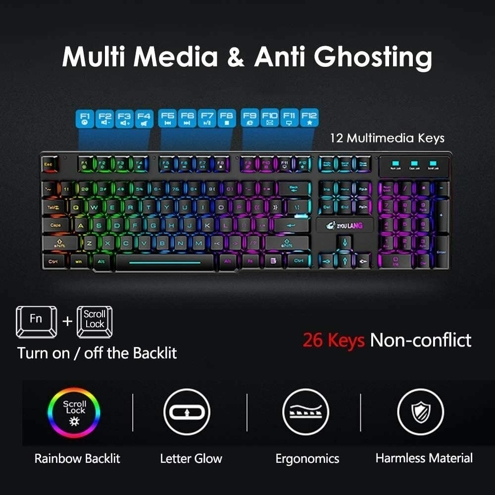 Wireless Gaming Keyboard Rainbow Backlight - Keys Caps